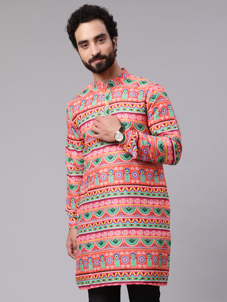 Orange Green Floral Print Kurta