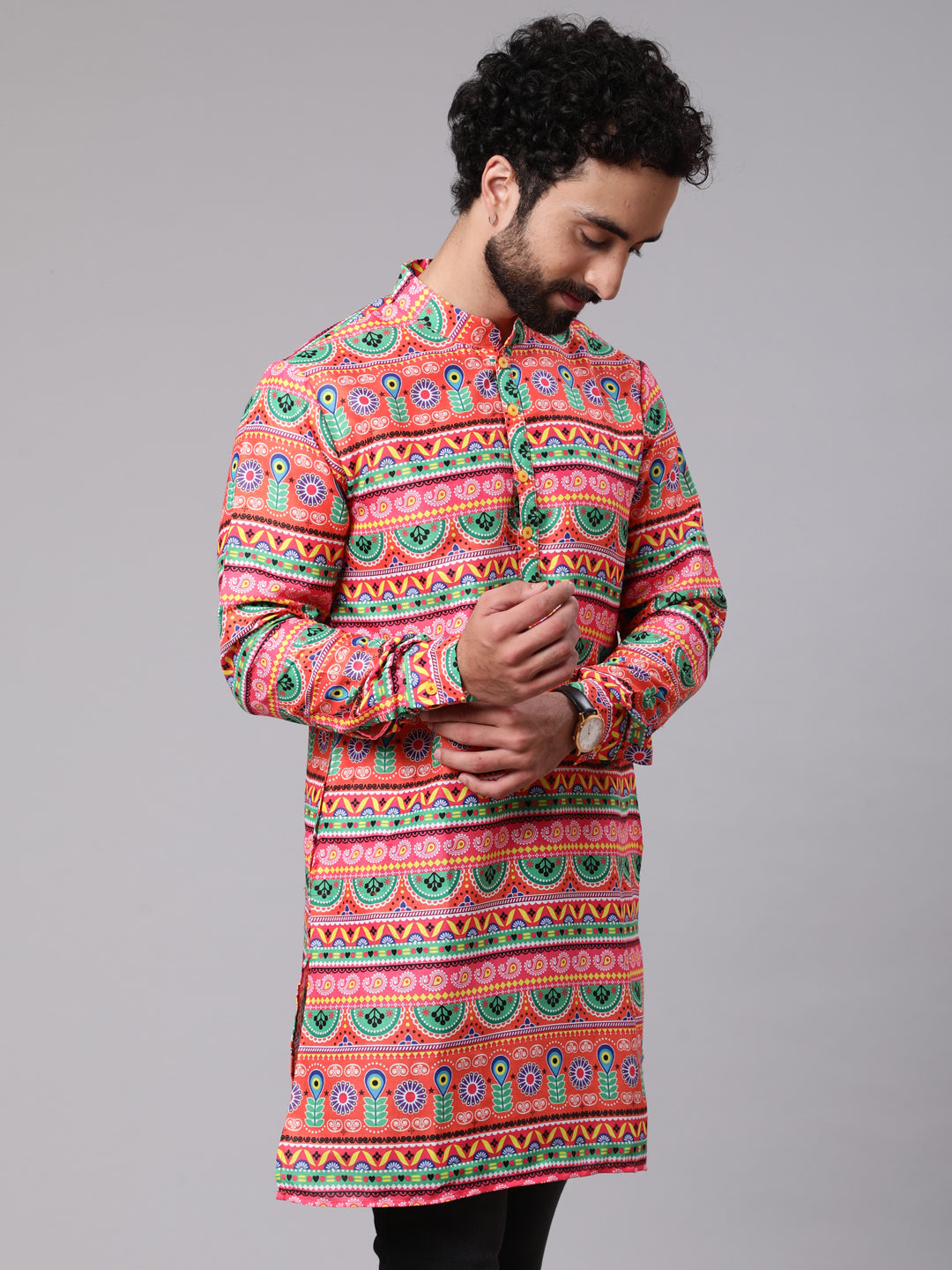 Orange Green Floral Print Kurta