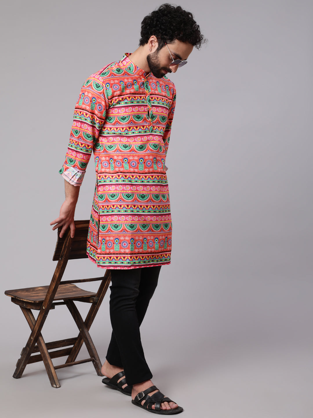 Orange Green Floral Print Kurta