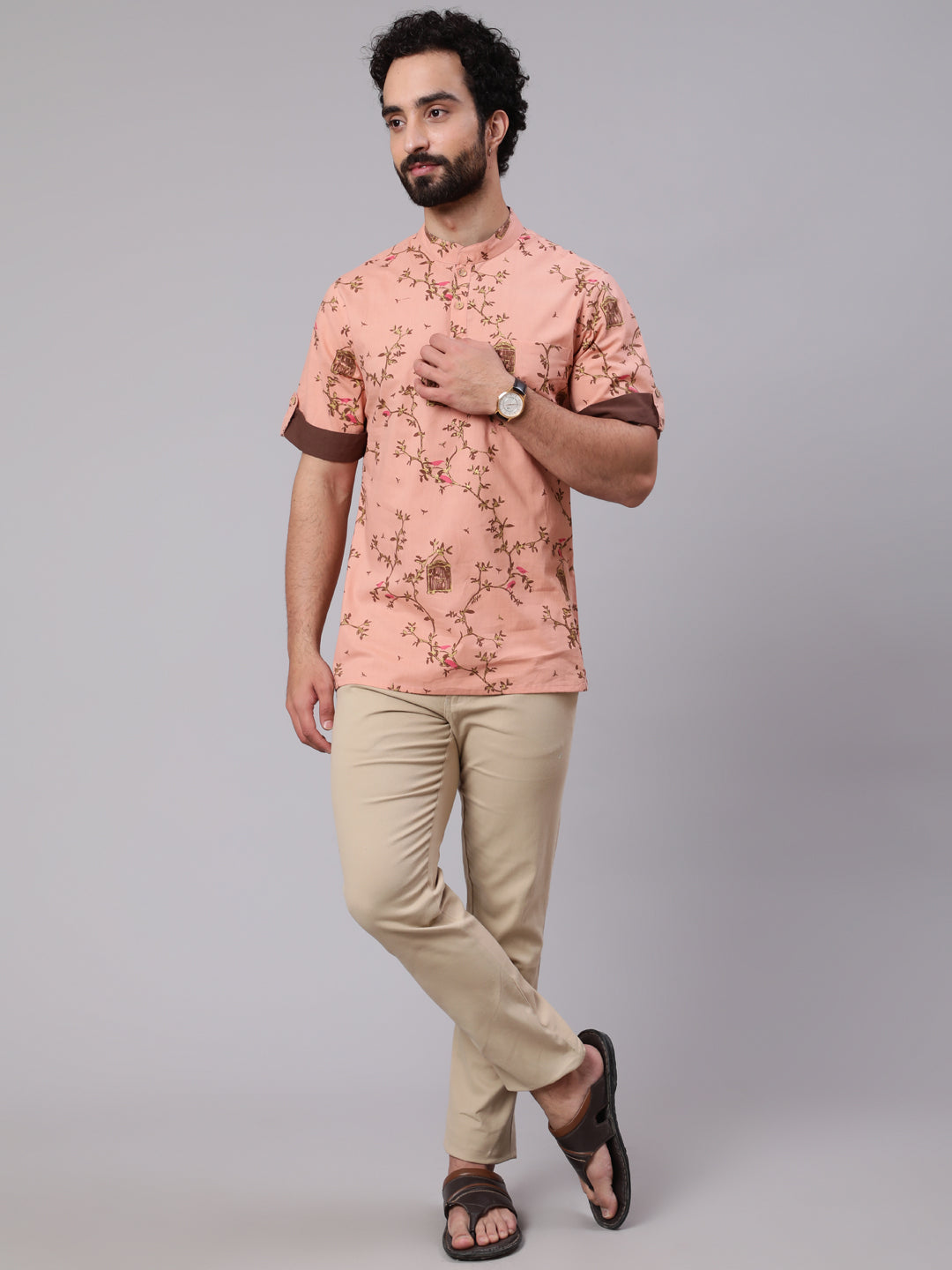 Brown Leaf Print Kurta With Roll-Up Sleeve