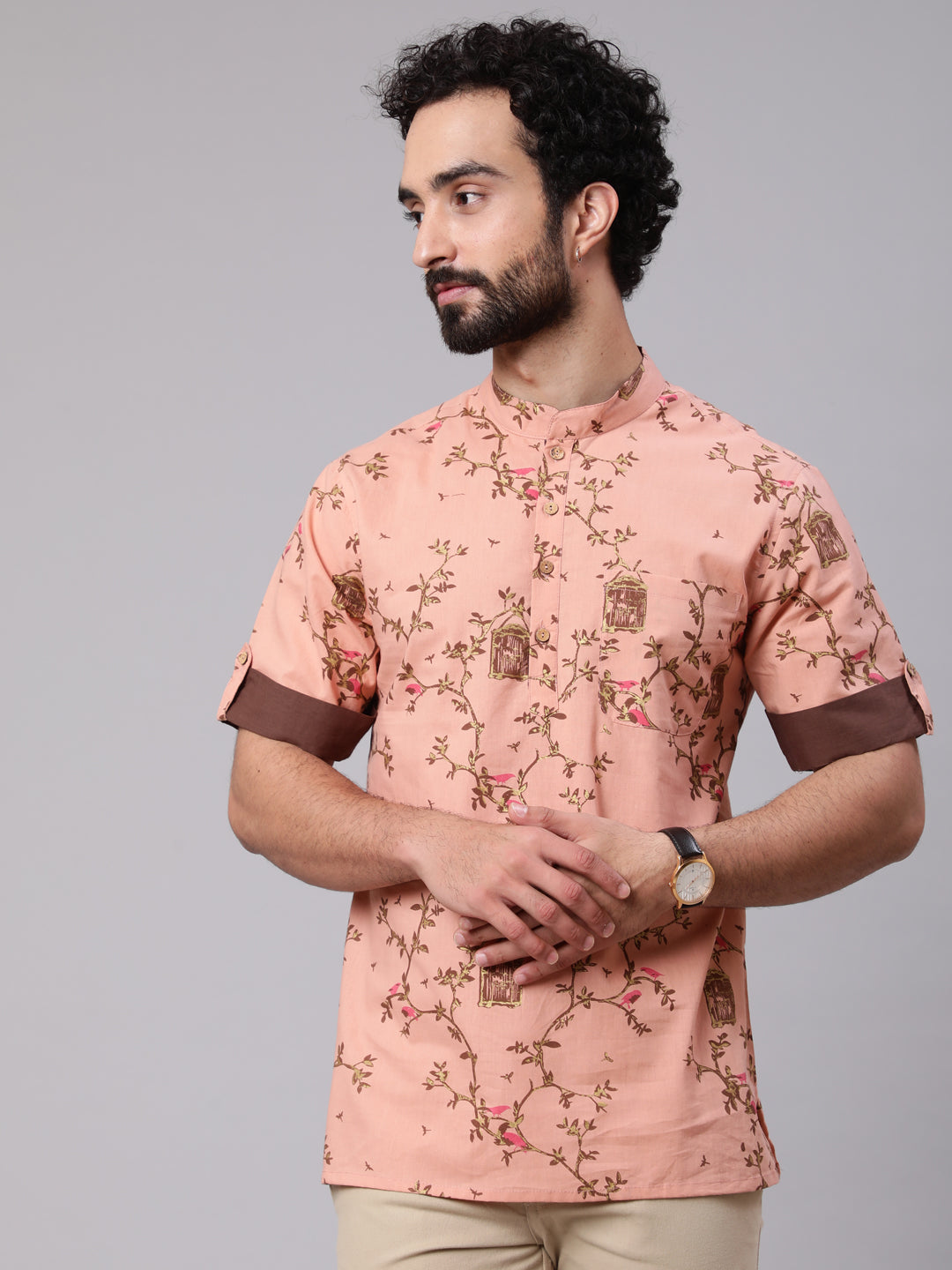 Brown Leaf Print Kurta With Roll-Up Sleeve