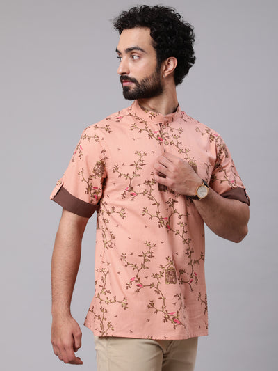 Brown Leaf Print Kurta With Roll-Up Sleeve