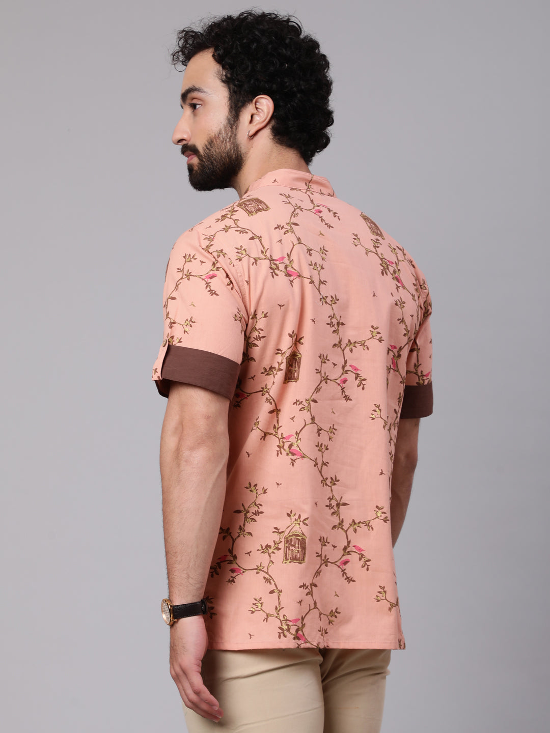 Brown Leaf Print Kurta With Roll-Up Sleeve