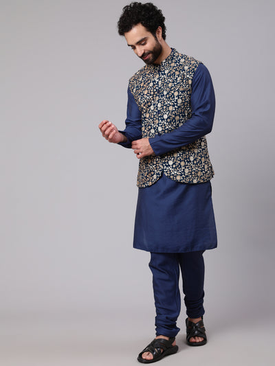 Blue Kurta Churidar With Embroidered Nehru Jacket