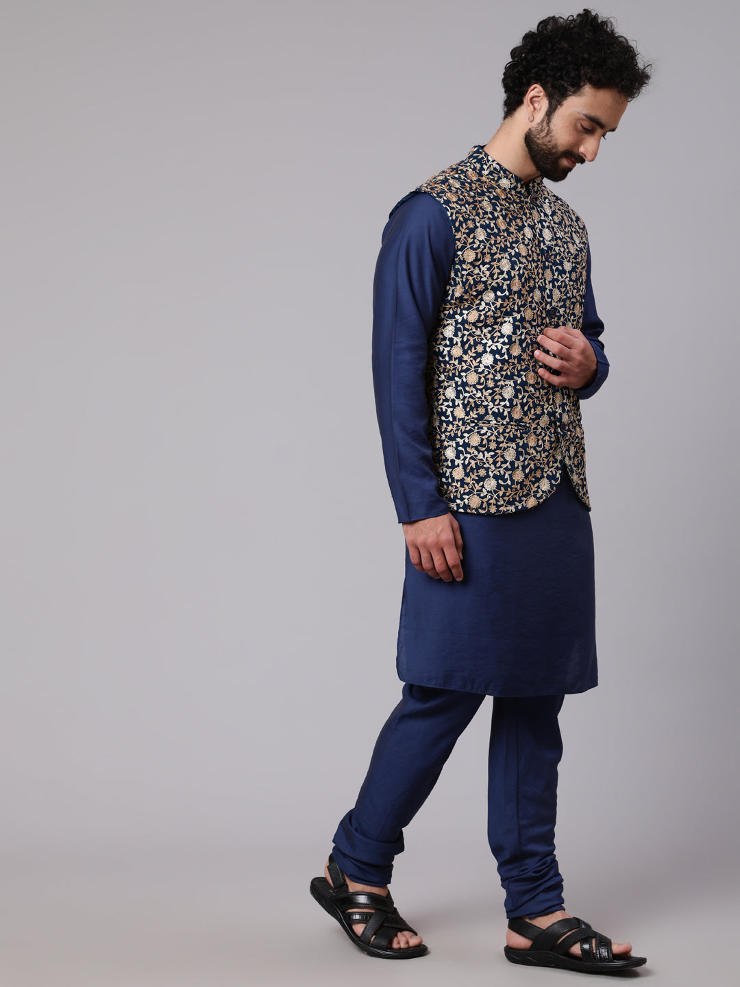 Blue Kurta Churidar With Embroidered Nehru Jacket