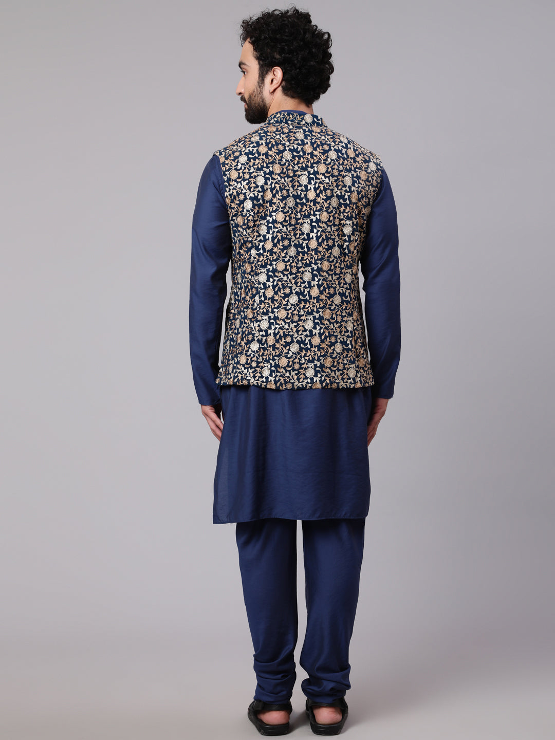 Blue Kurta Churidar With Embroidered Nehru Jacket
