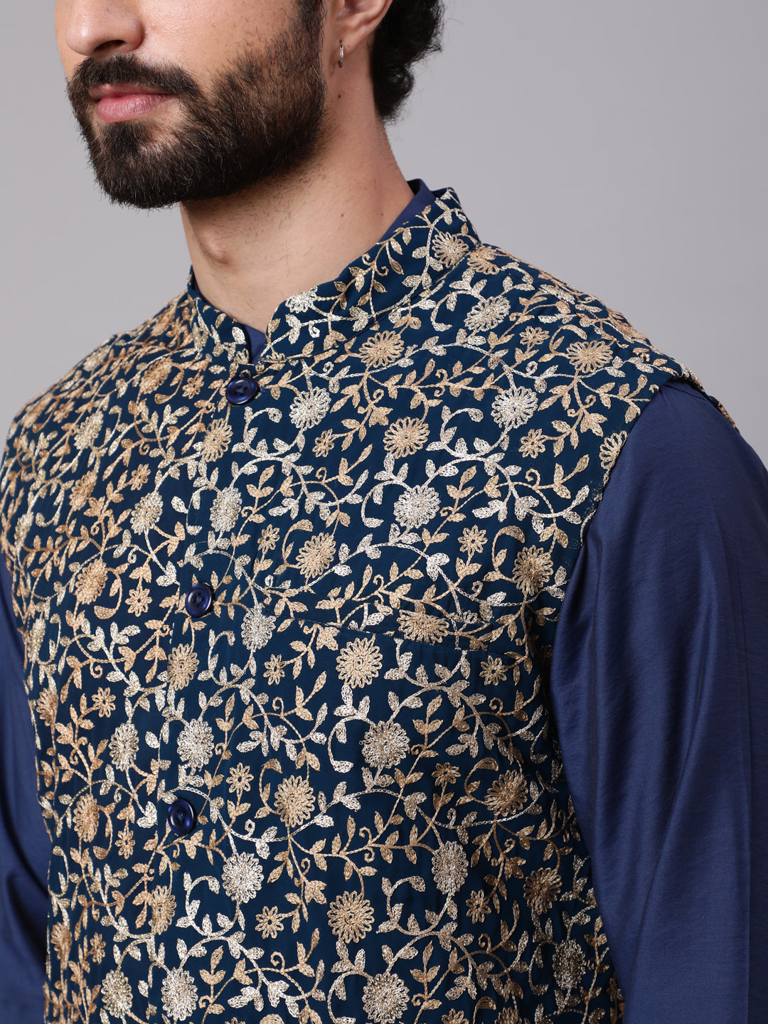 Blue Kurta Churidar With Embroidered Nehru Jacket