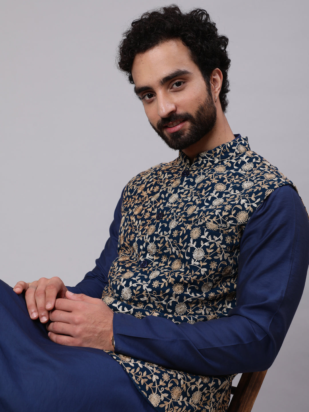 Blue Kurta Churidar With Embroidered Nehru Jacket