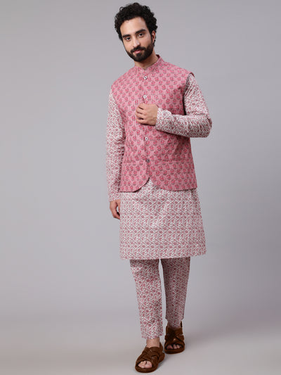 Mauve White Floral Print Kurta Pyjama With Nehru Jacket