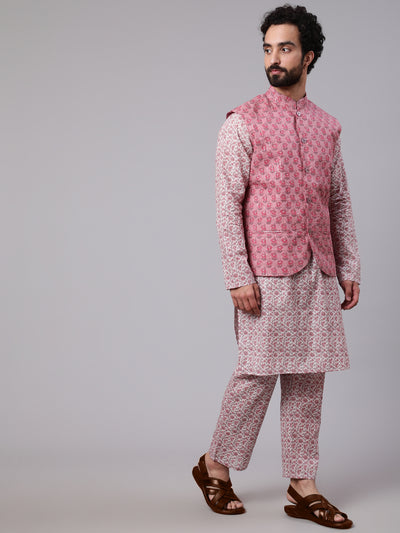 Mauve White Floral Print Kurta Pyjama With Nehru Jacket