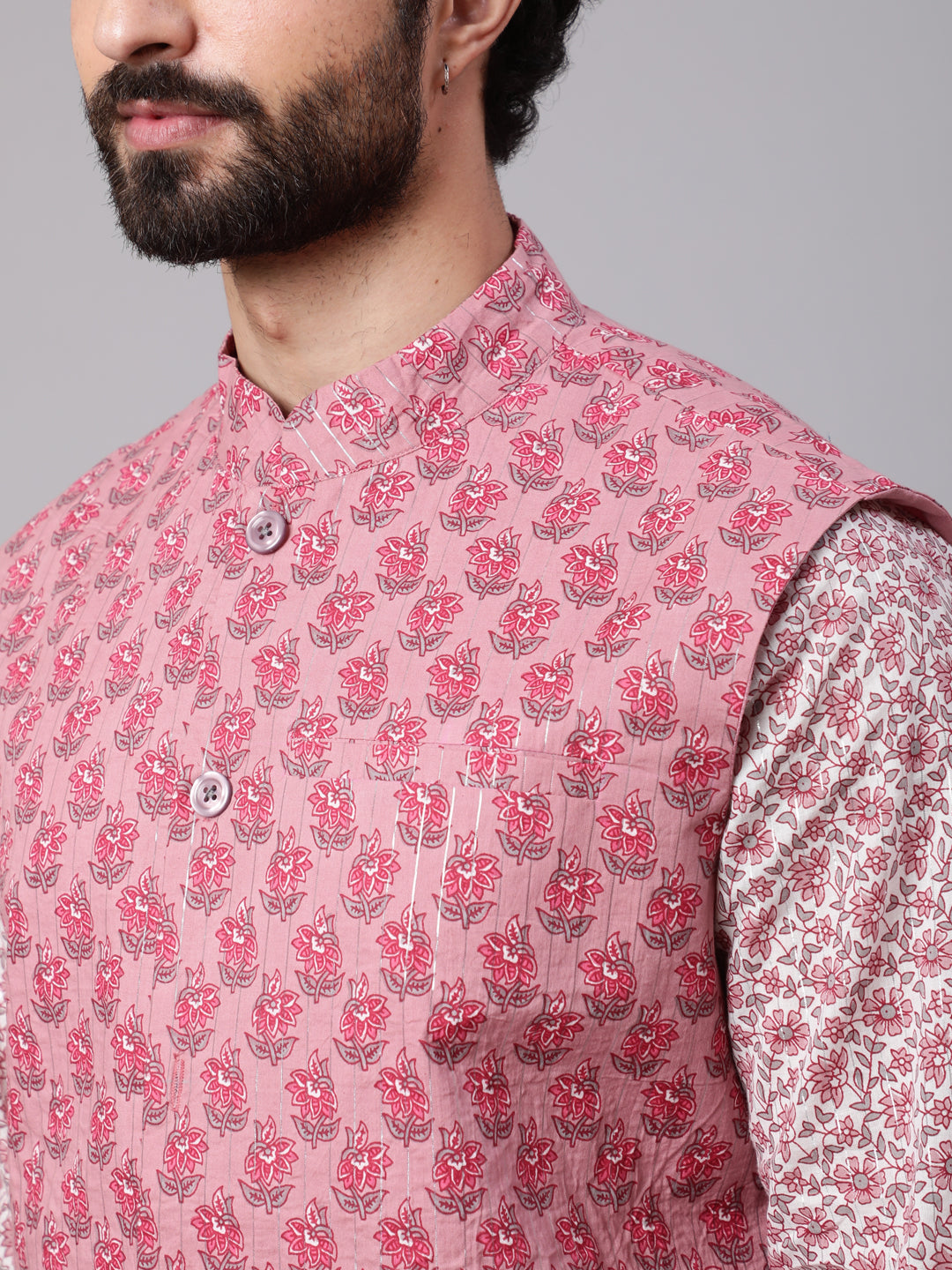 Mauve White Floral Print Kurta Pyjama With Nehru Jacket