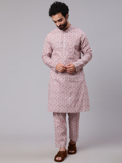 Mauve White Floral Print Kurta Pyjama With Nehru Jacket
