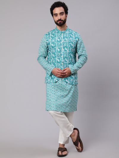 Turquoise Blue Printed Kurta With Nehru Jacket