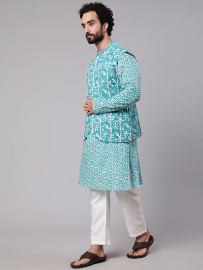 Turquoise Blue Printed Kurta With Nehru Jacket