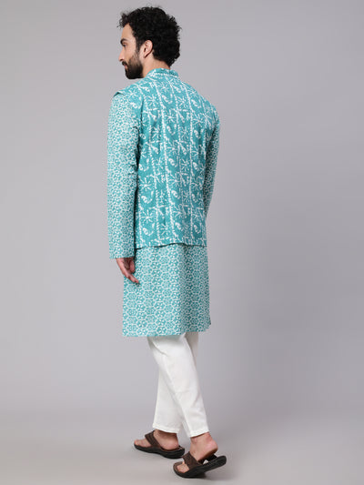 Turquoise Blue Printed Kurta With Nehru Jacket