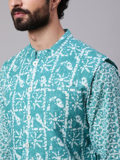 Turquoise Blue Printed Kurta With Nehru Jacket