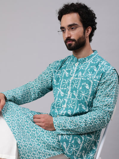 Turquoise Blue Printed Kurta With Nehru Jacket