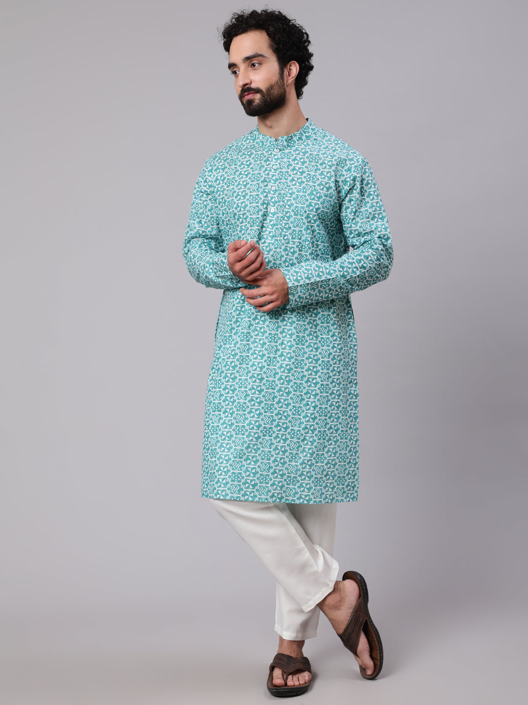 Turquoise Blue Printed Kurta With Nehru Jacket