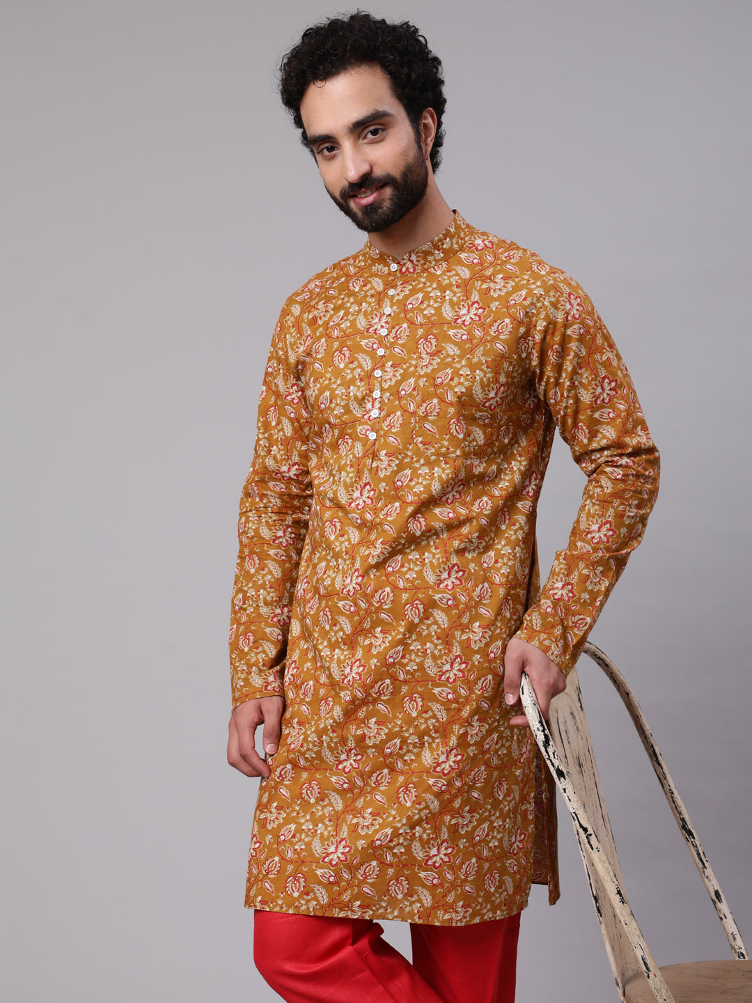 Mustard Floral Print Long Kurta