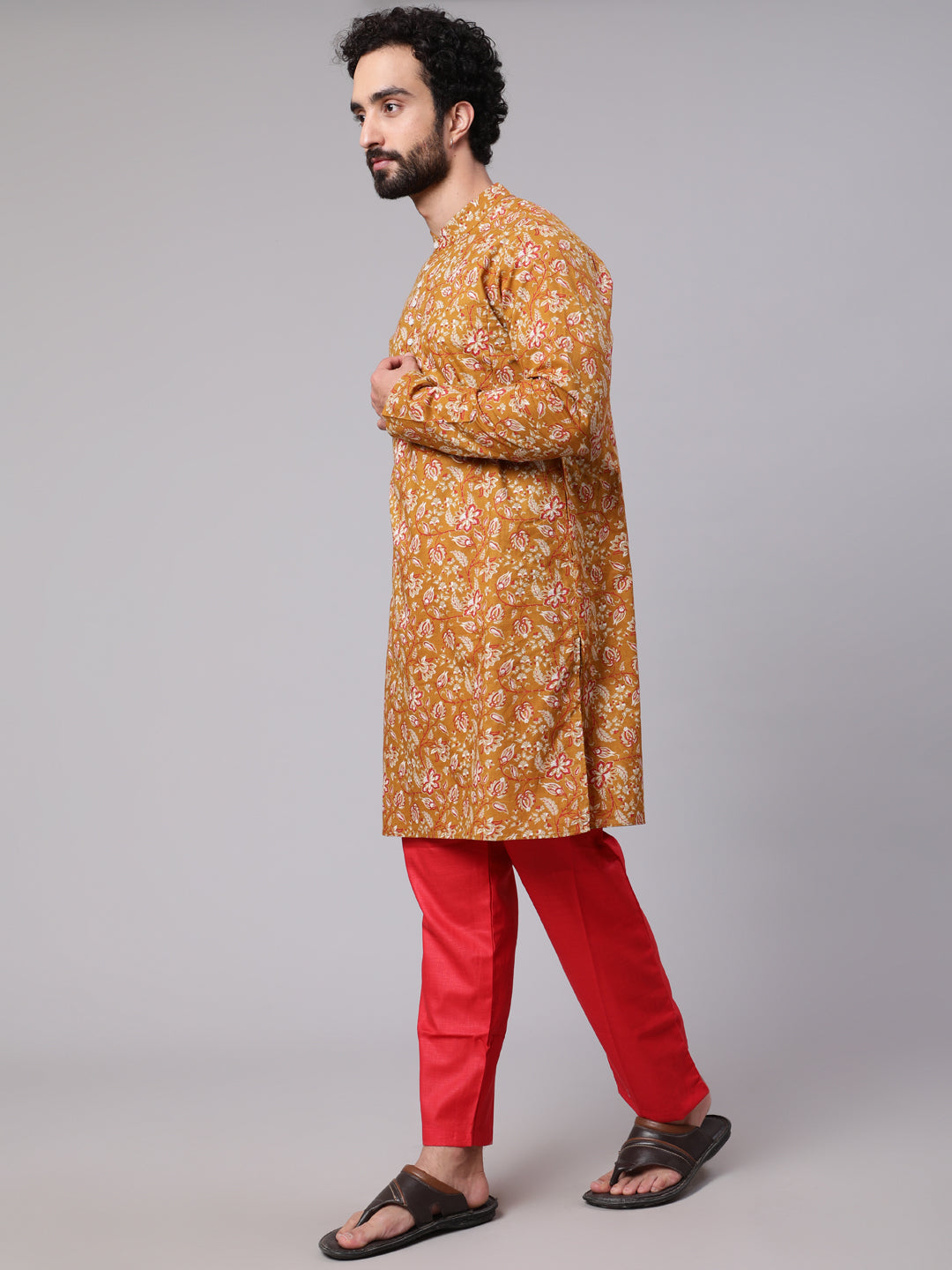 Mustard Floral Print Long Kurta