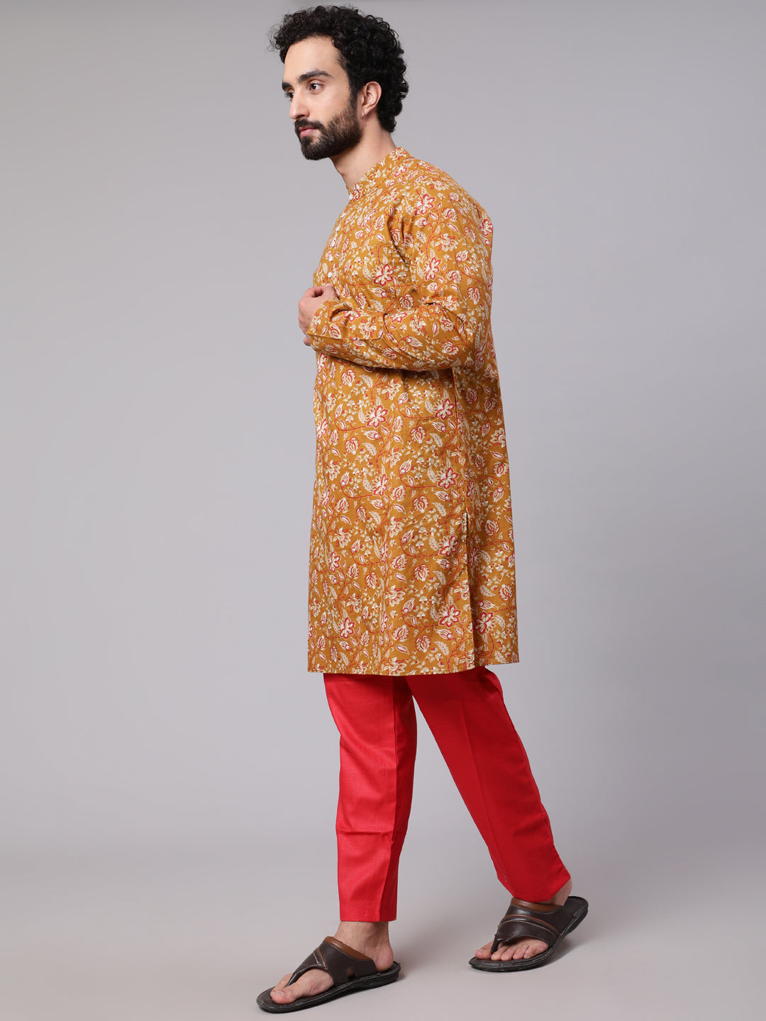 Mustard Floral Print Long Kurta