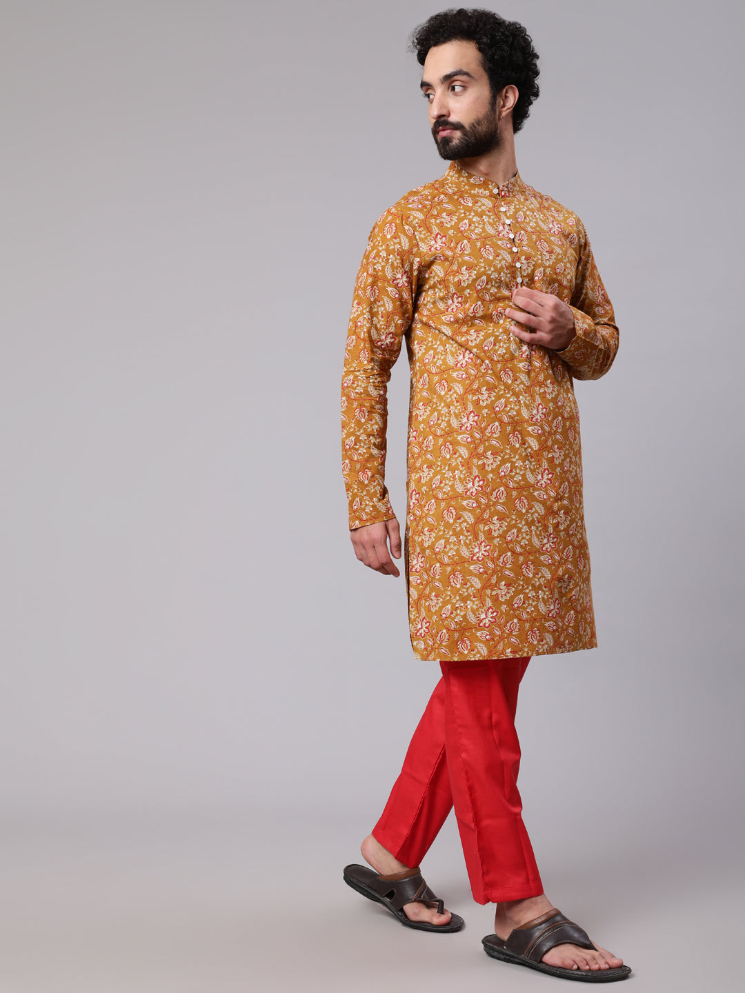 Mustard Floral Print Long Kurta