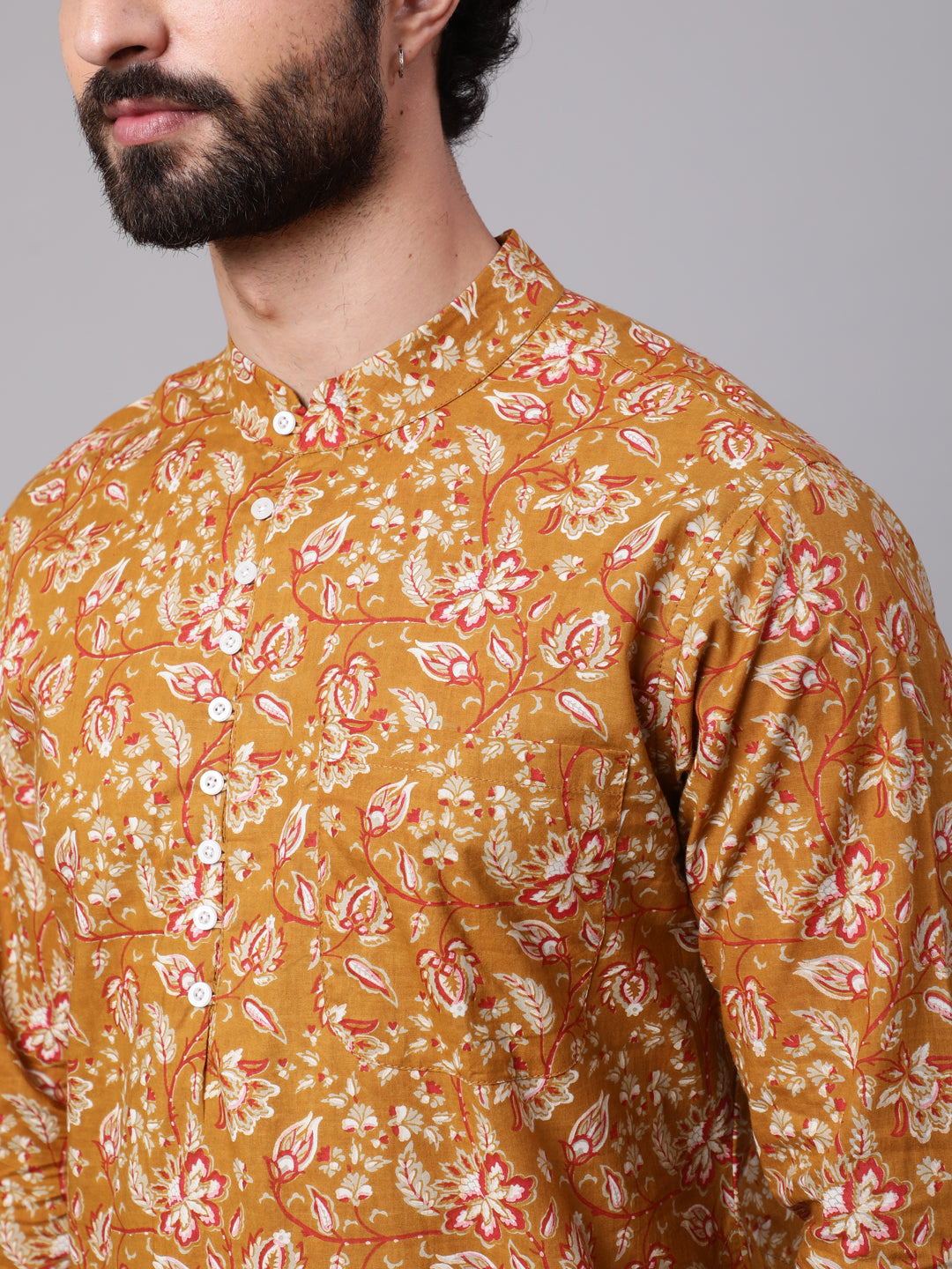 Mustard Floral Print Long Kurta