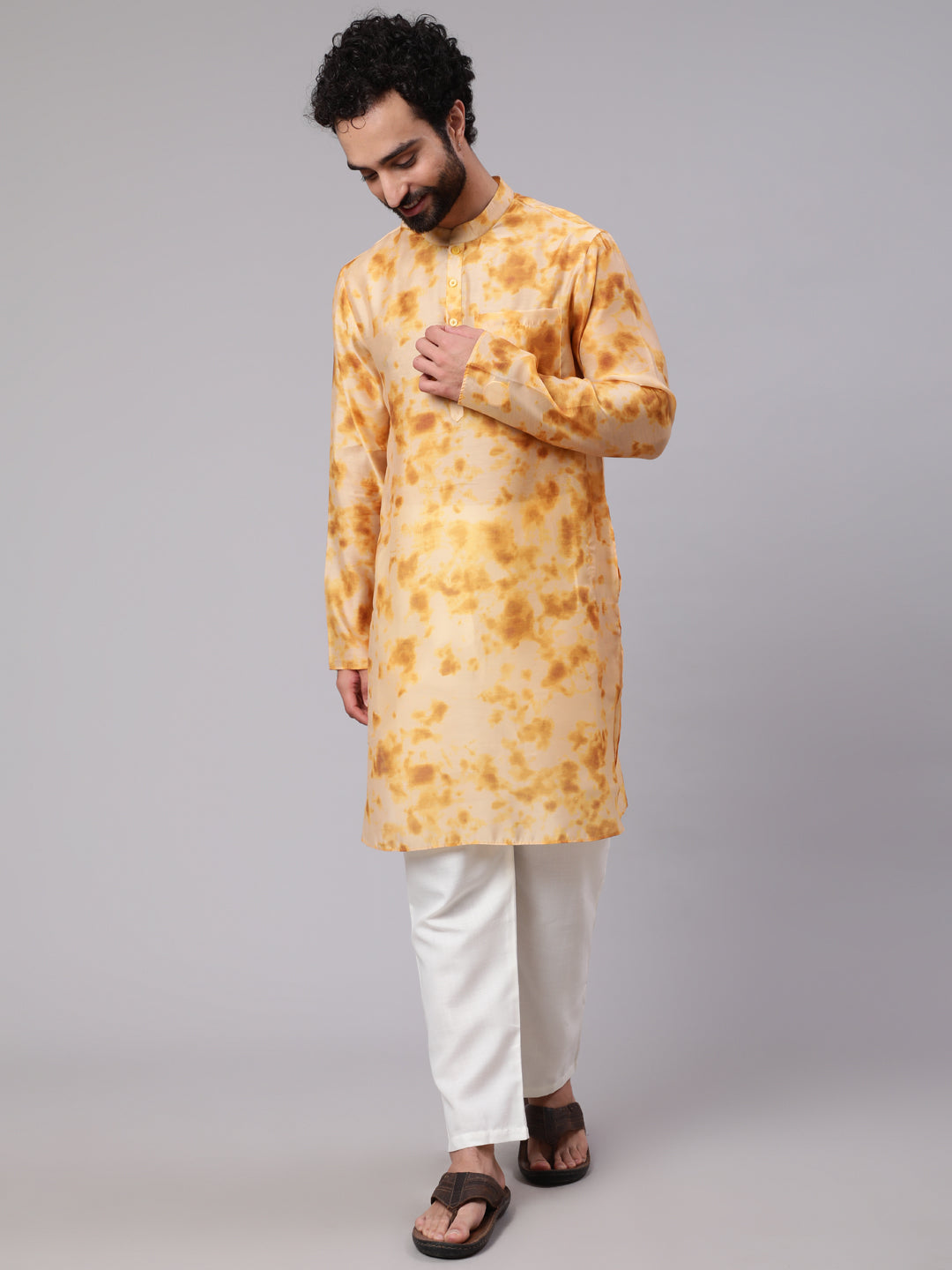 Beige Tie & Dye Print Long Kurta