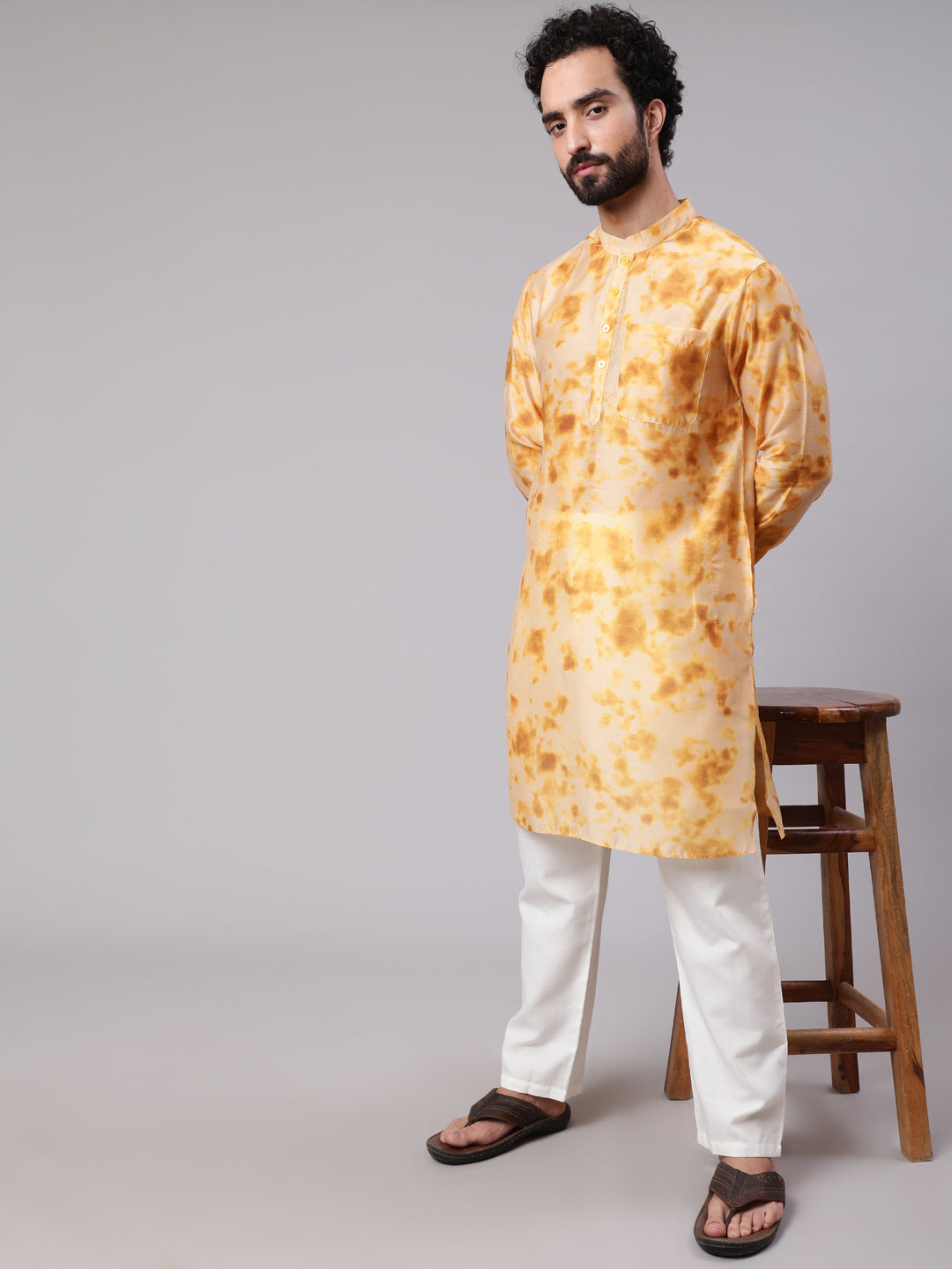 Beige Tie & Dye Print Long Kurta