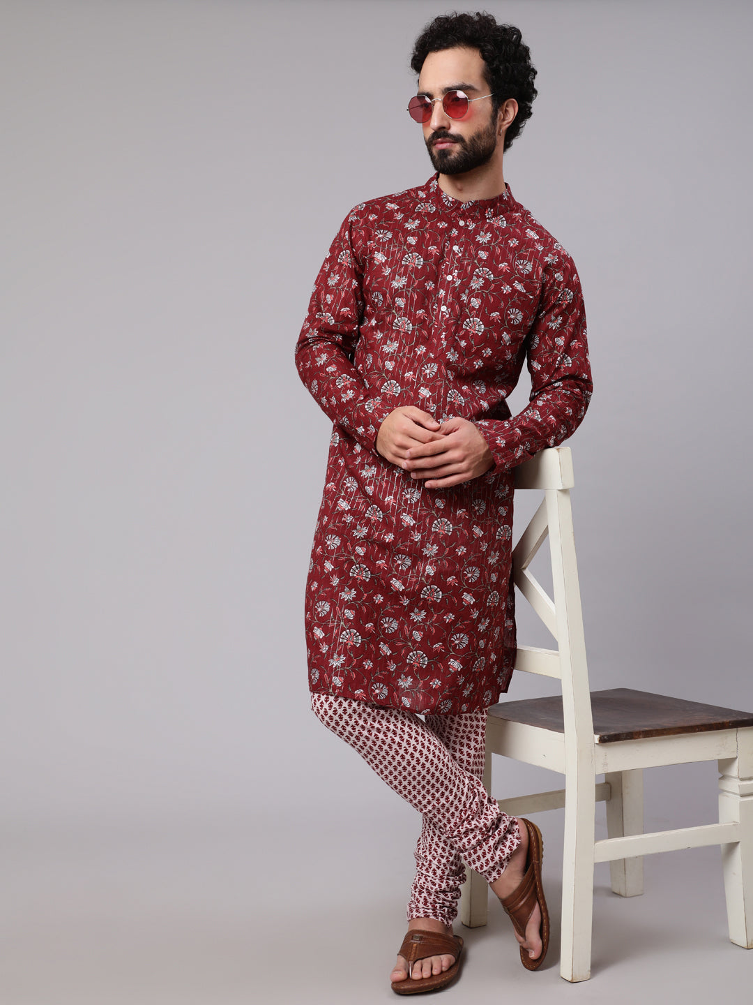 Maroon White Floral Print Kurta With Churidar