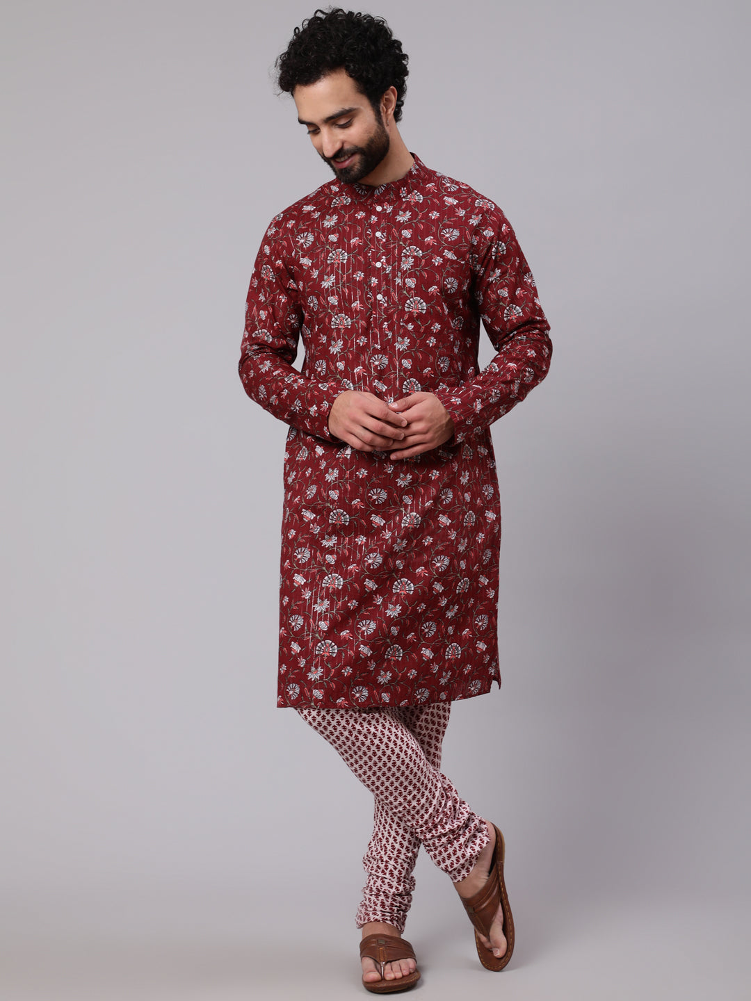 Maroon White Floral Print Kurta With Churidar