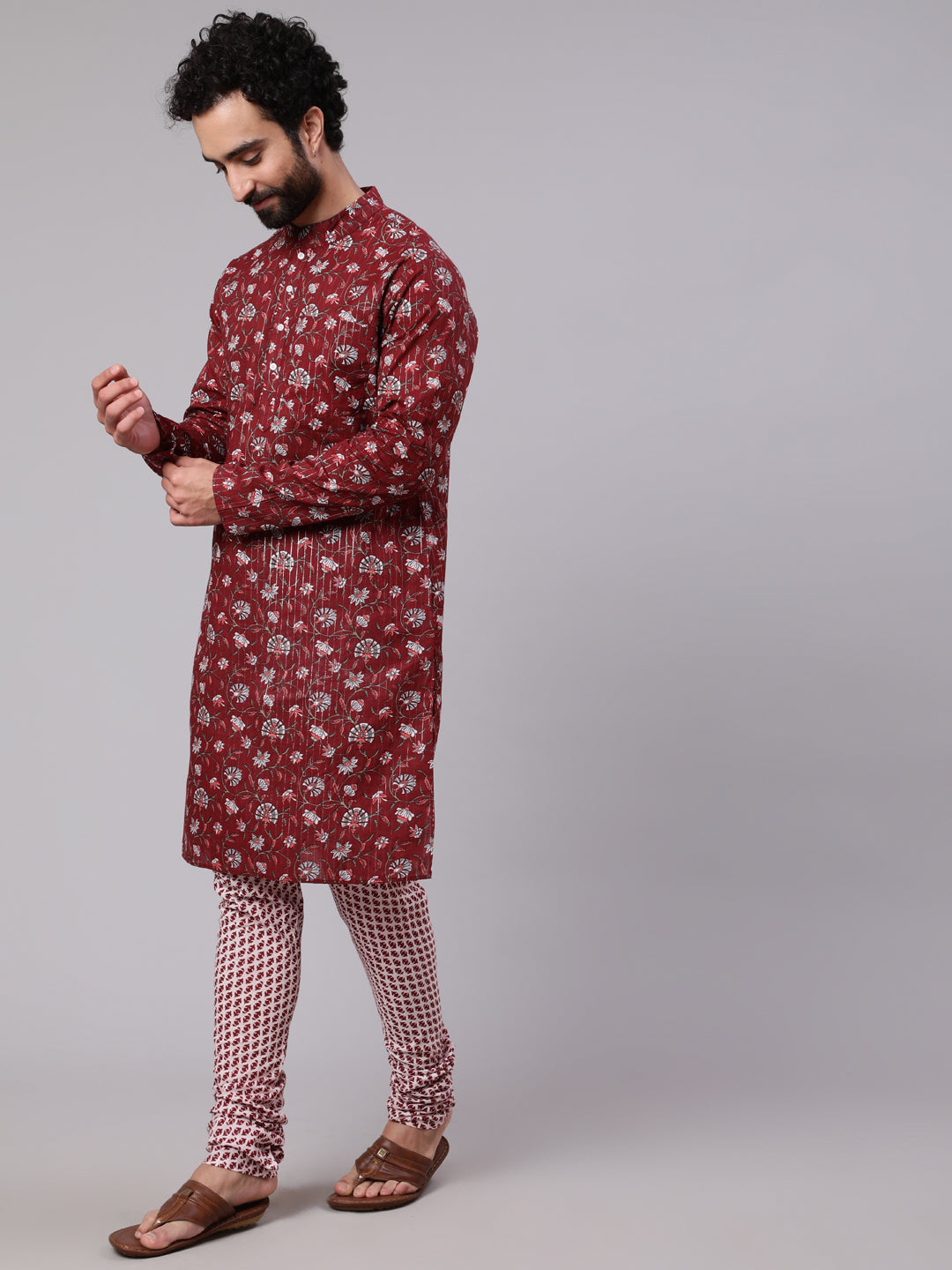 Maroon White Floral Print Kurta With Churidar