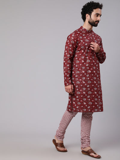 Maroon White Floral Print Kurta With Churidar