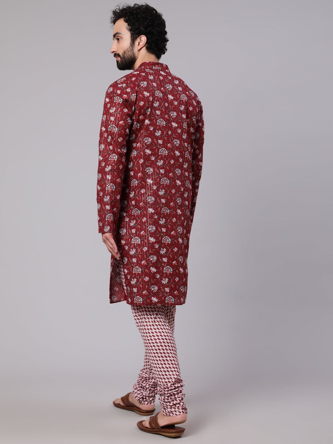 Maroon White Floral Print Kurta With Churidar