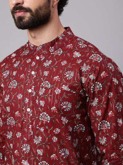 Maroon White Floral Print Kurta With Churidar