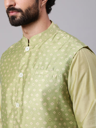 Green Kurta Pyjama With Bandhani Print Nehru Jacket