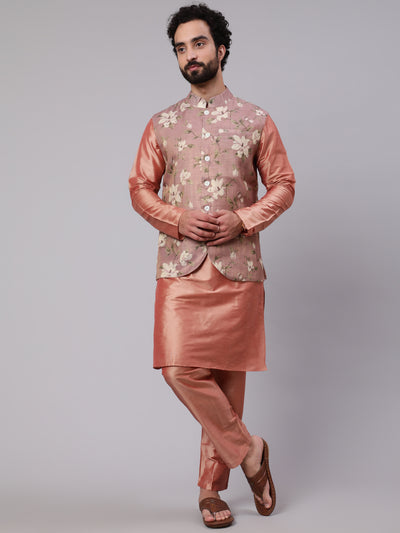 Rose Gold Kurta Pyjana With Floral Print Nehru Jacket