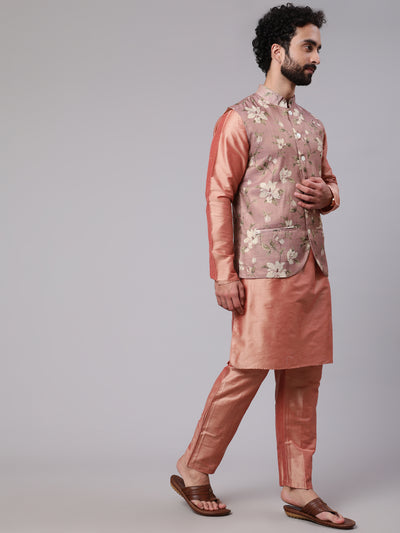 Rose Gold Kurta Pyjana With Floral Print Nehru Jacket