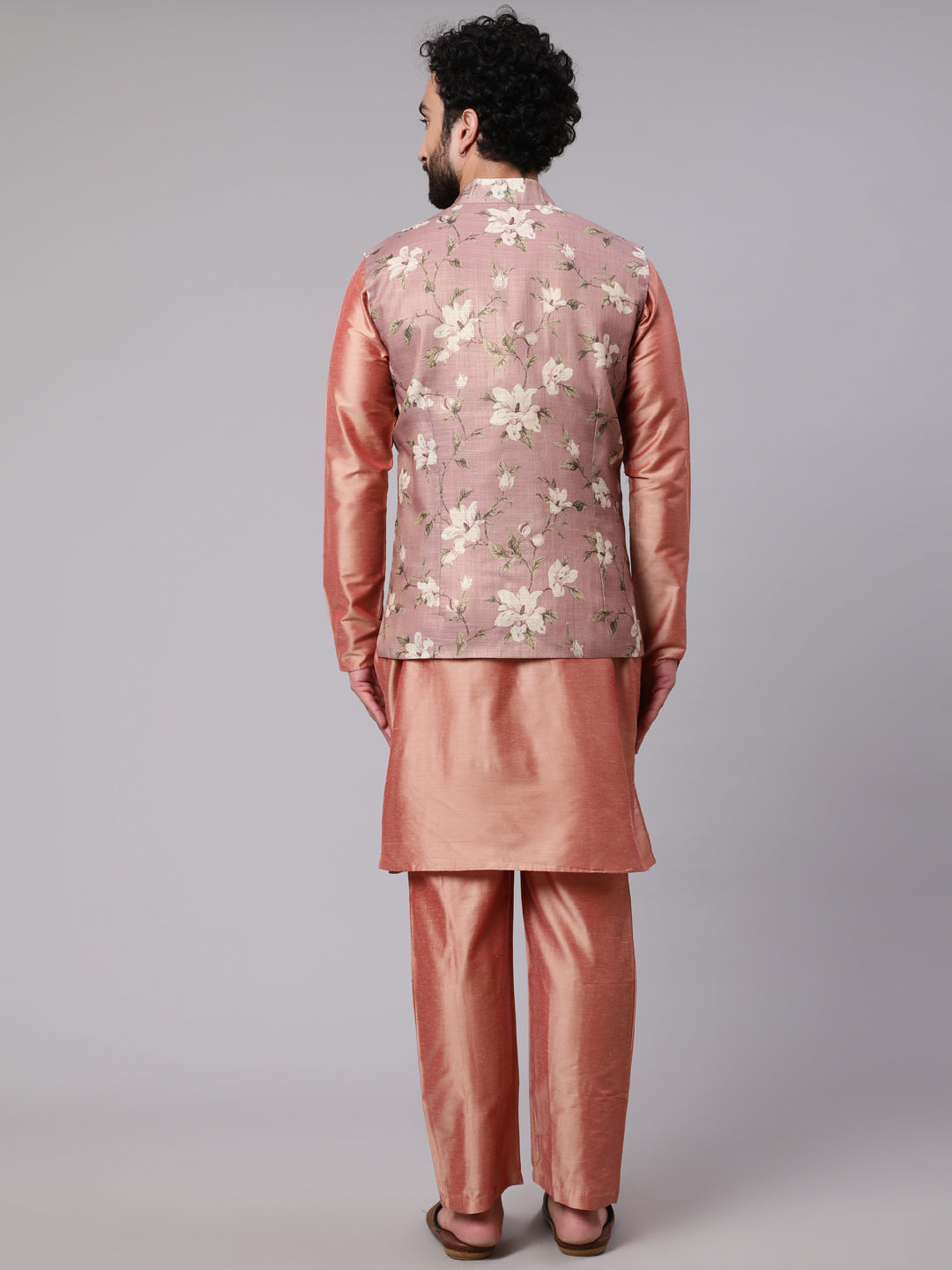 Rose Gold Kurta Pyjana With Floral Print Nehru Jacket