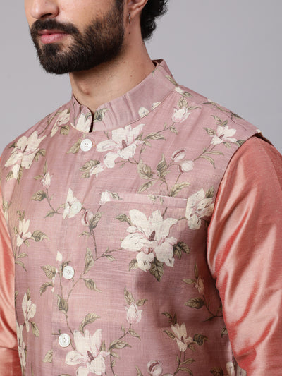 Rose Gold Kurta Pyjana With Floral Print Nehru Jacket