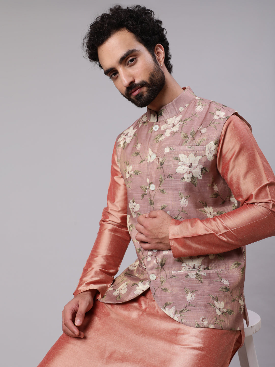 Rose Gold Kurta Pyjana With Floral Print Nehru Jacket