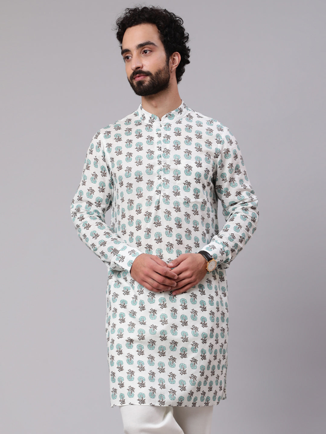 White Floral Print Long Kurta