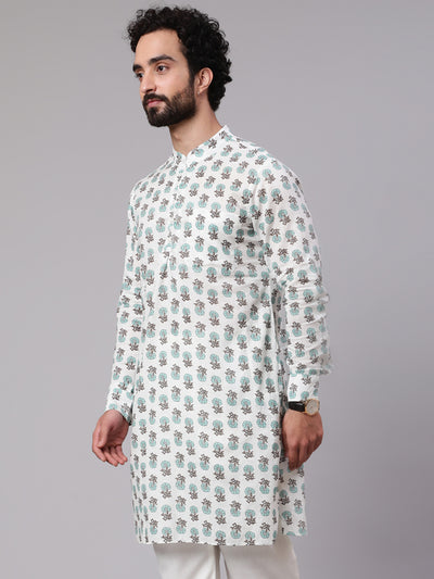 White Floral Print Long Kurta