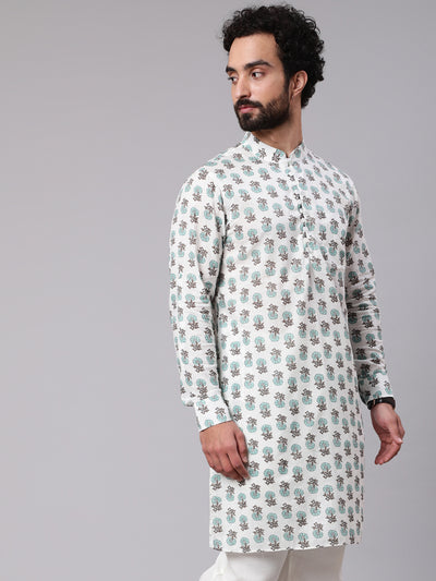 White Floral Print Long Kurta