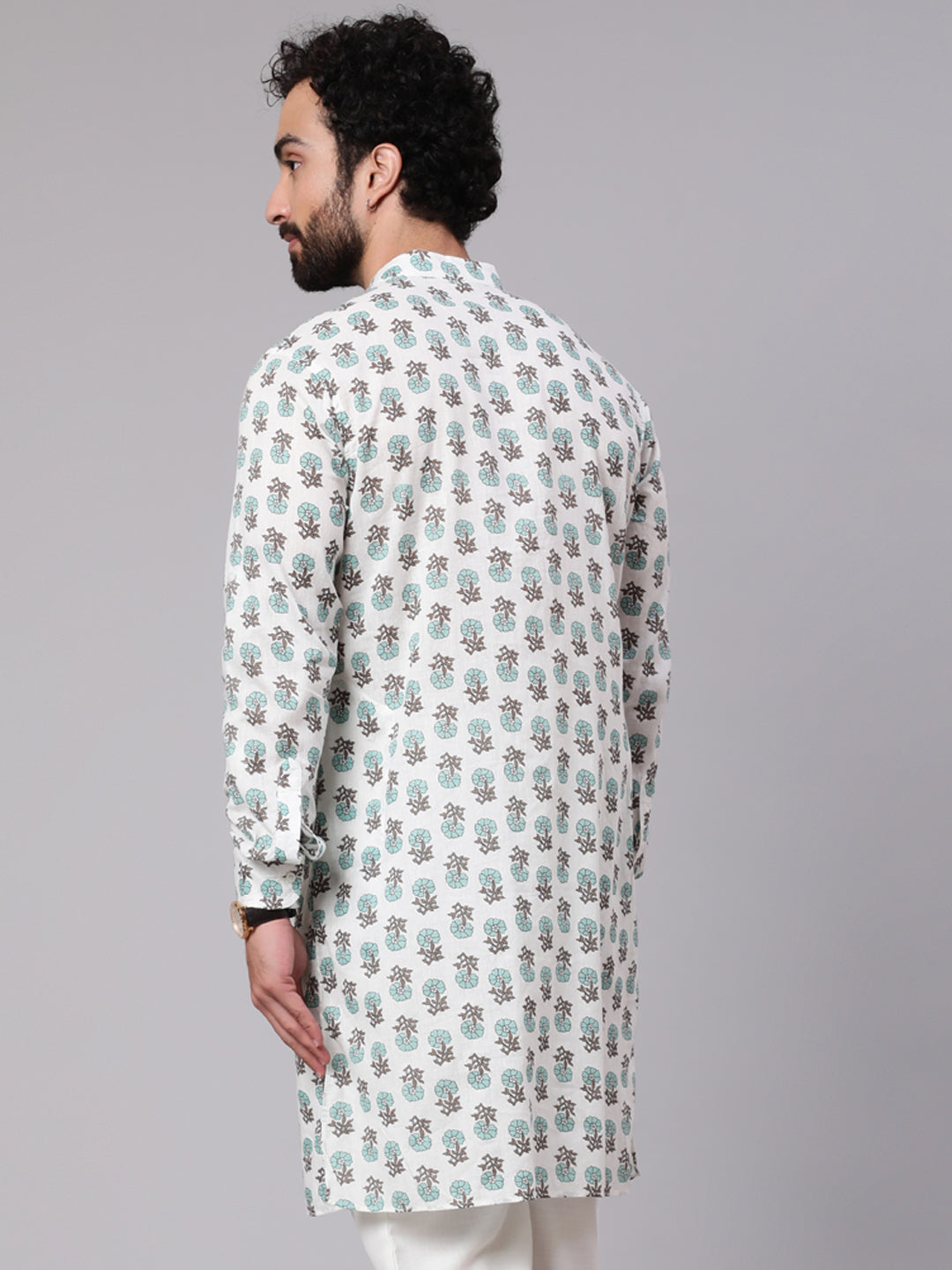 White Floral Print Long Kurta