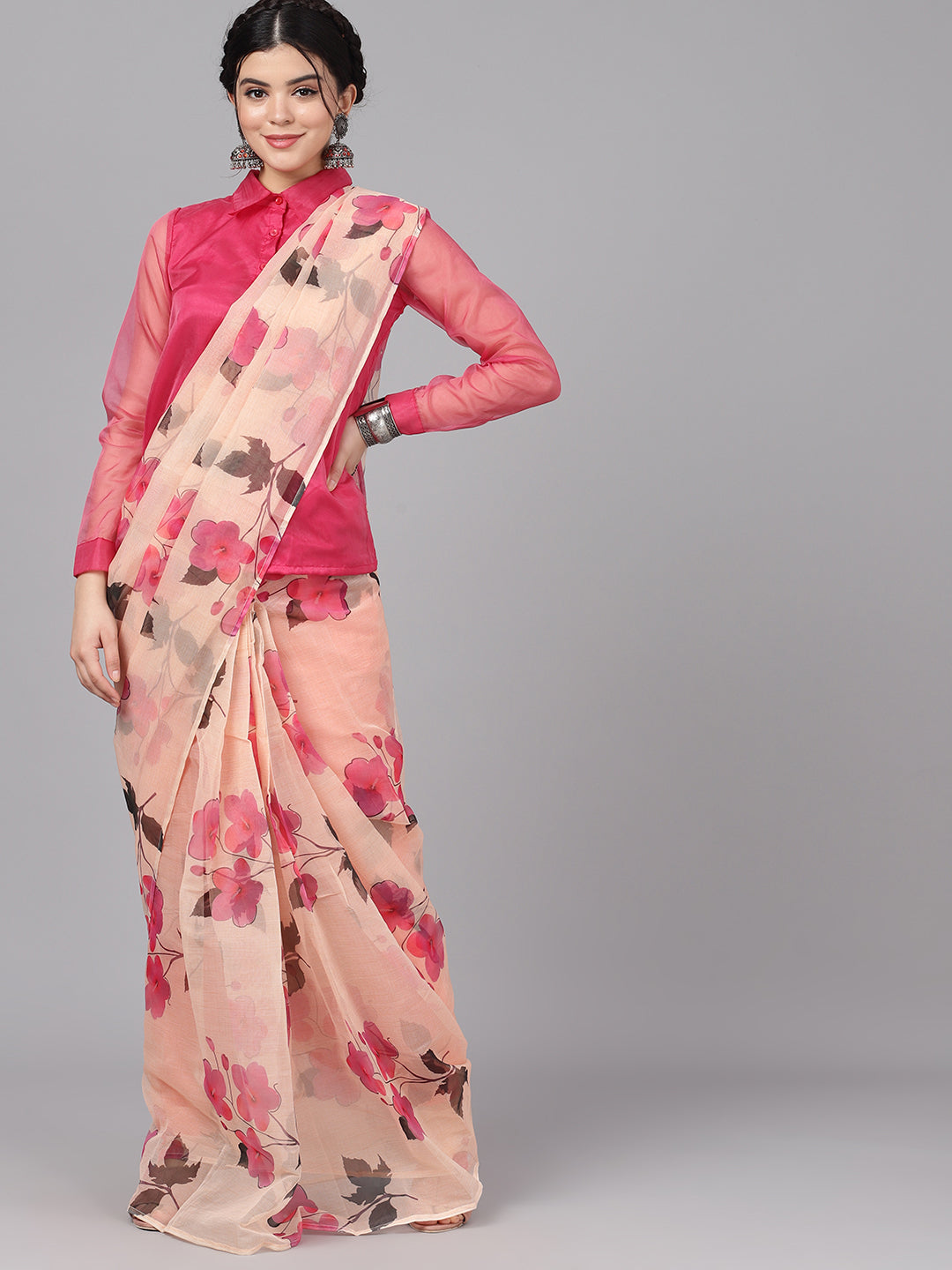 Cream Floral Print Traditional Saree