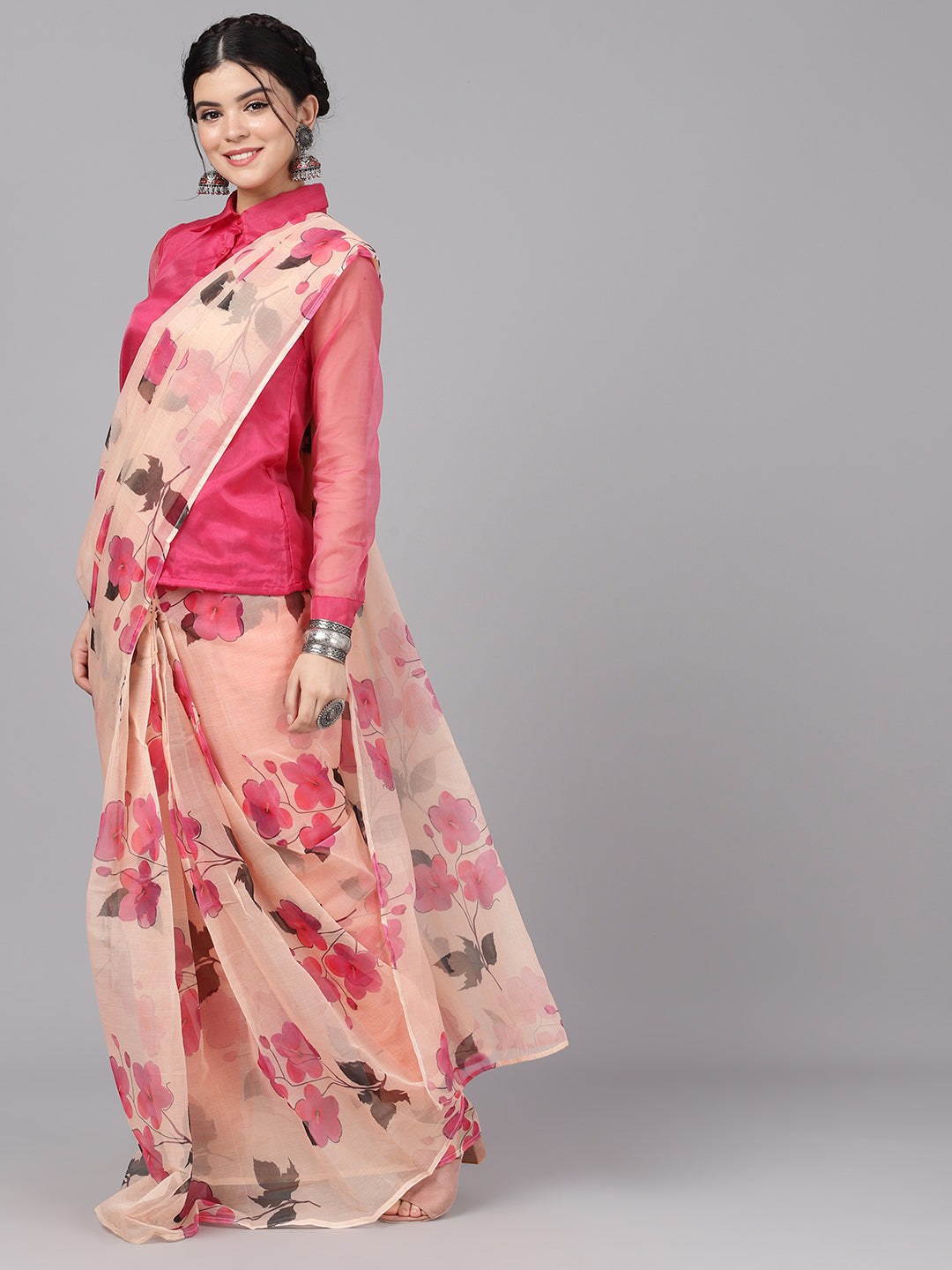 Cream Floral Print Traditional Saree