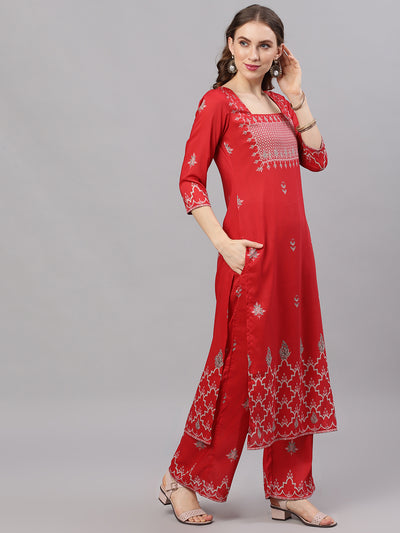 Red Printed Kurta With Palazzo