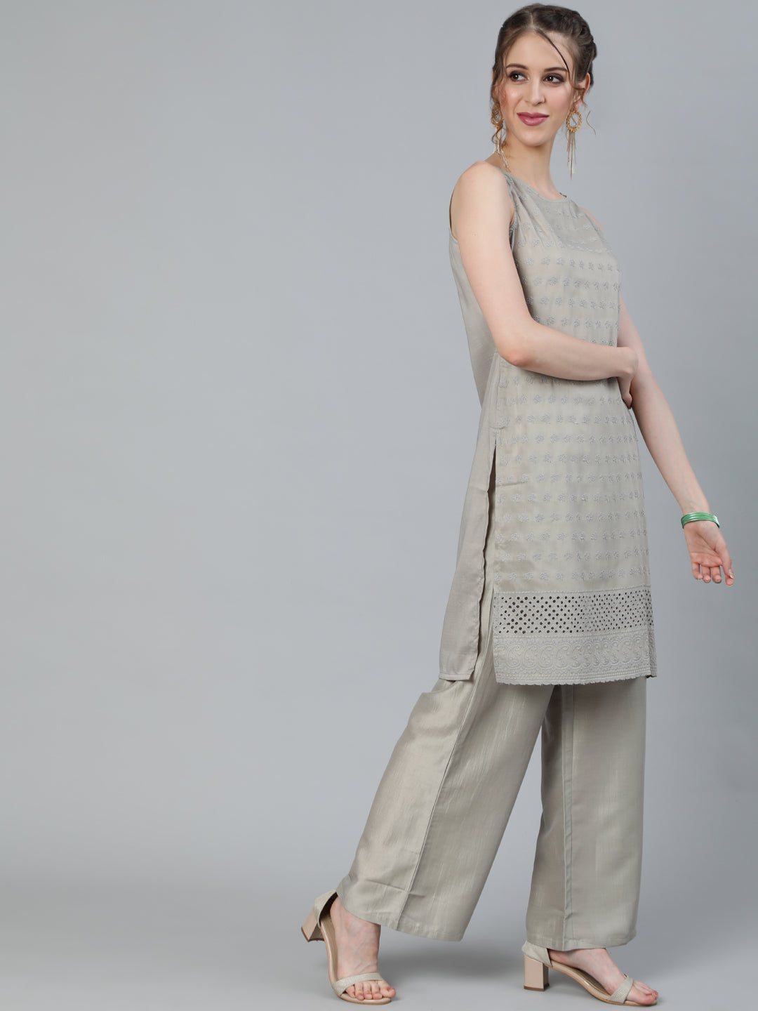 Grey Schiffli Designed Kurta With Palazzo