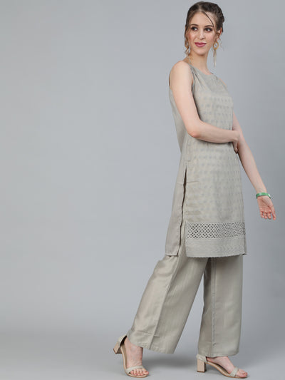 Grey Schiffli Designed Kurta With Palazzo